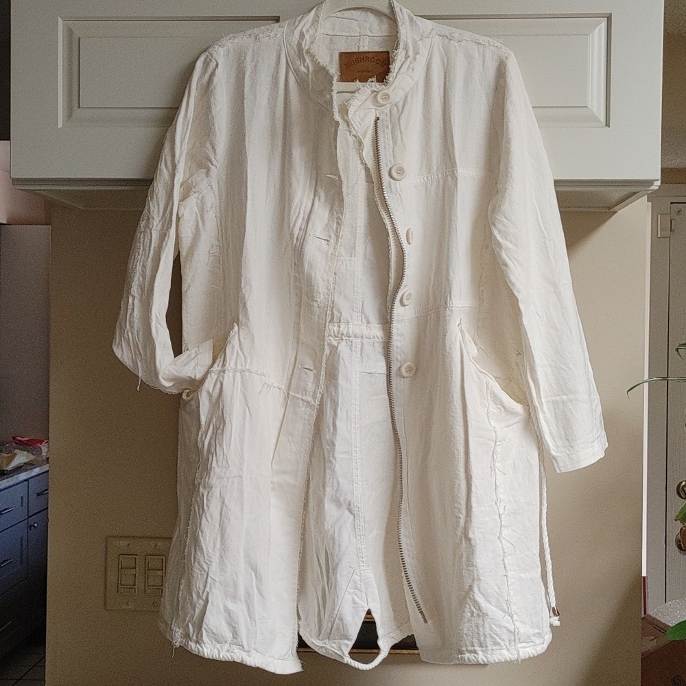 White Cotton Linen Distressed Seams Out Lightweight Jacket Size M
